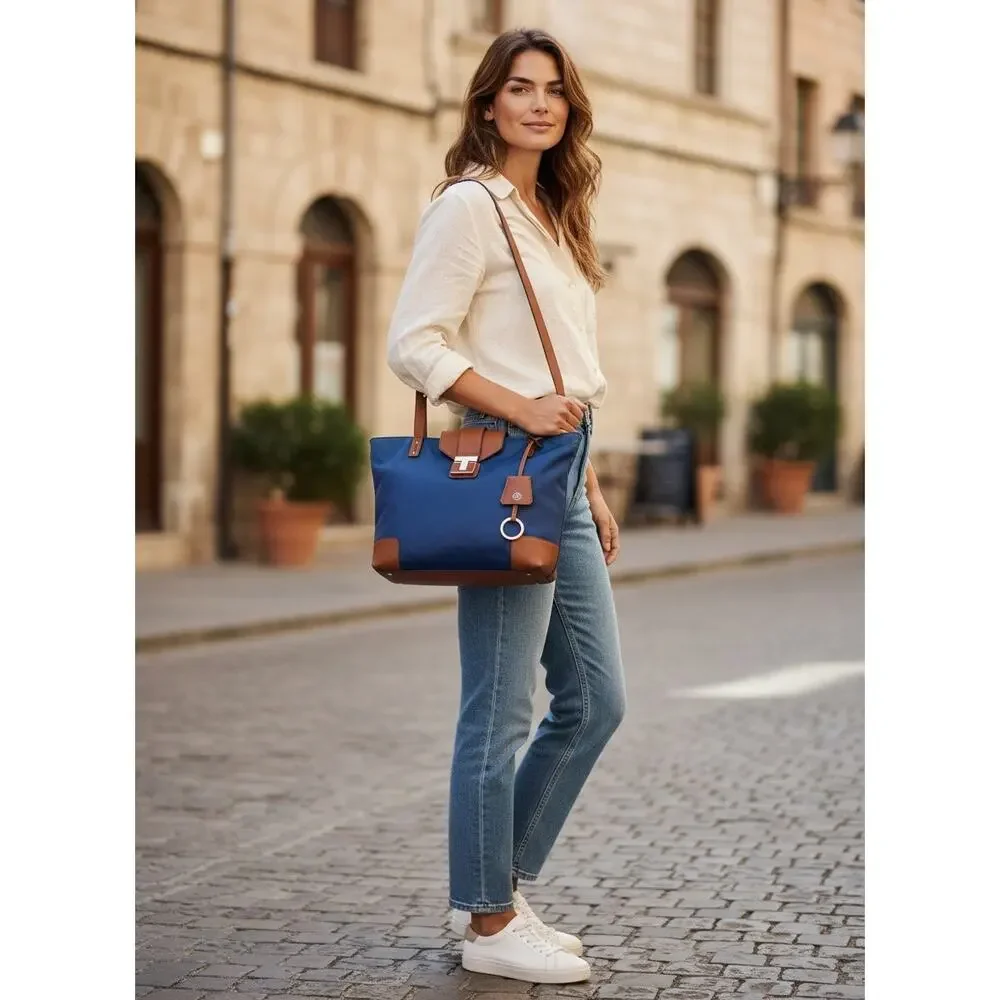 Tory Burch Blue Nylon Tote Tan Leather Trim Gold Hardware Shoulder Bag